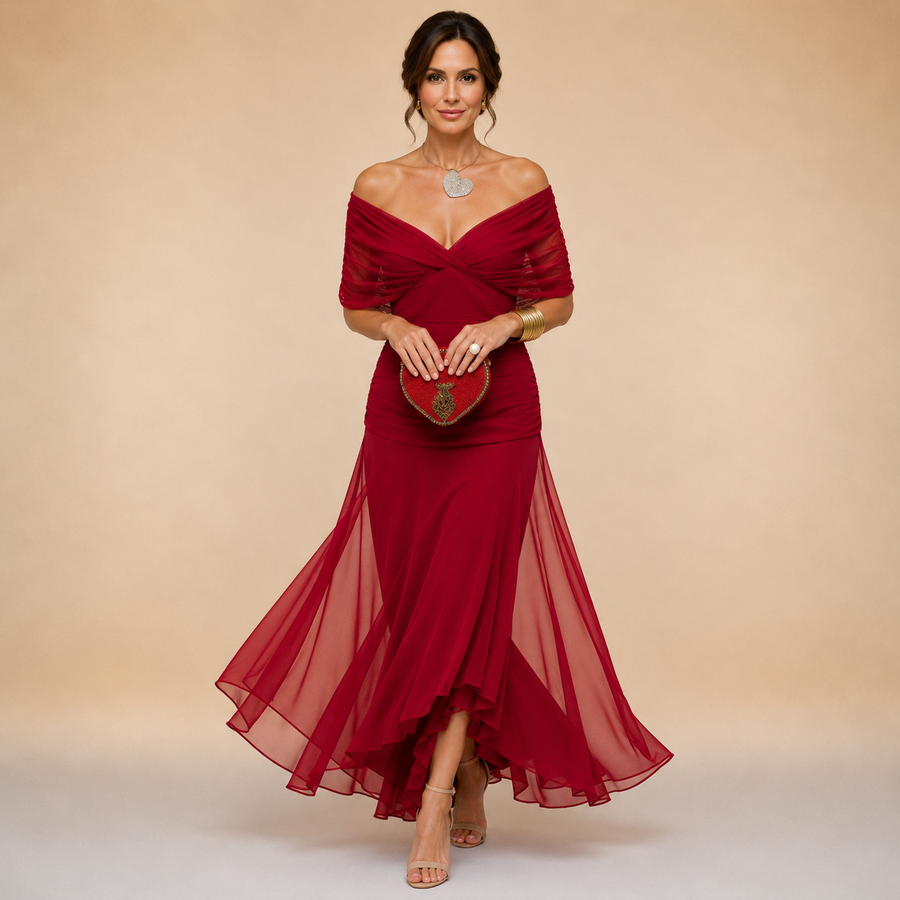 Robe Ondine rouge vénitien — vue d'ensemble avec manches chauve-souris