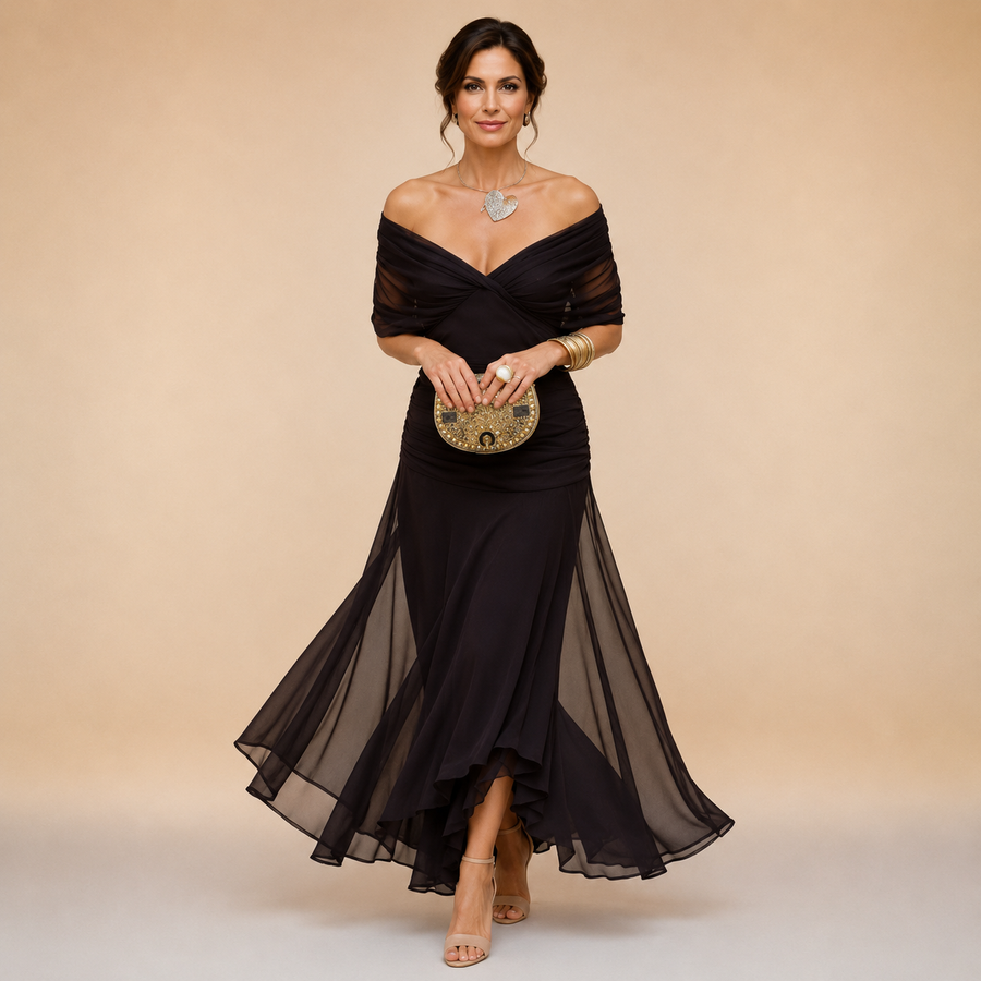 Robe Ondine marron — détail des manches flottantes et taille froncée