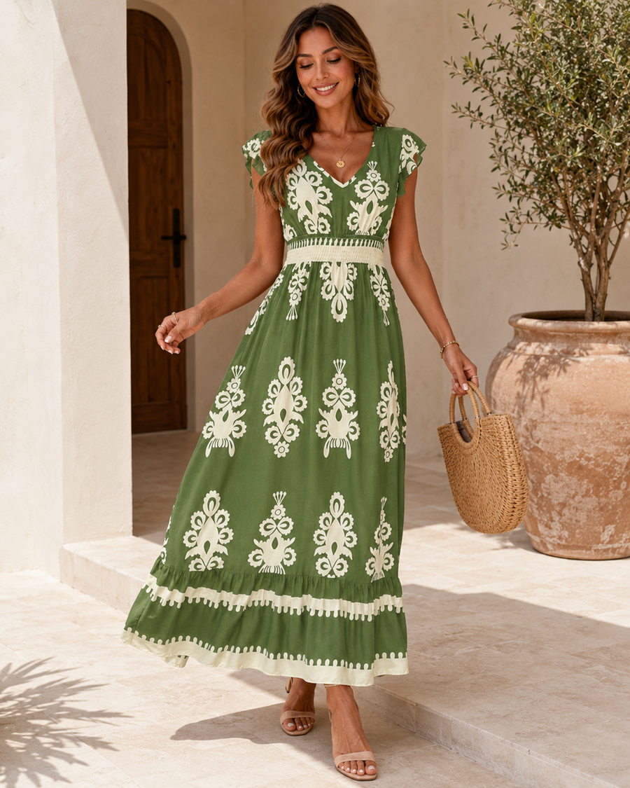 Robe longue Alhambra — vue arrière avec découpe et fluidité