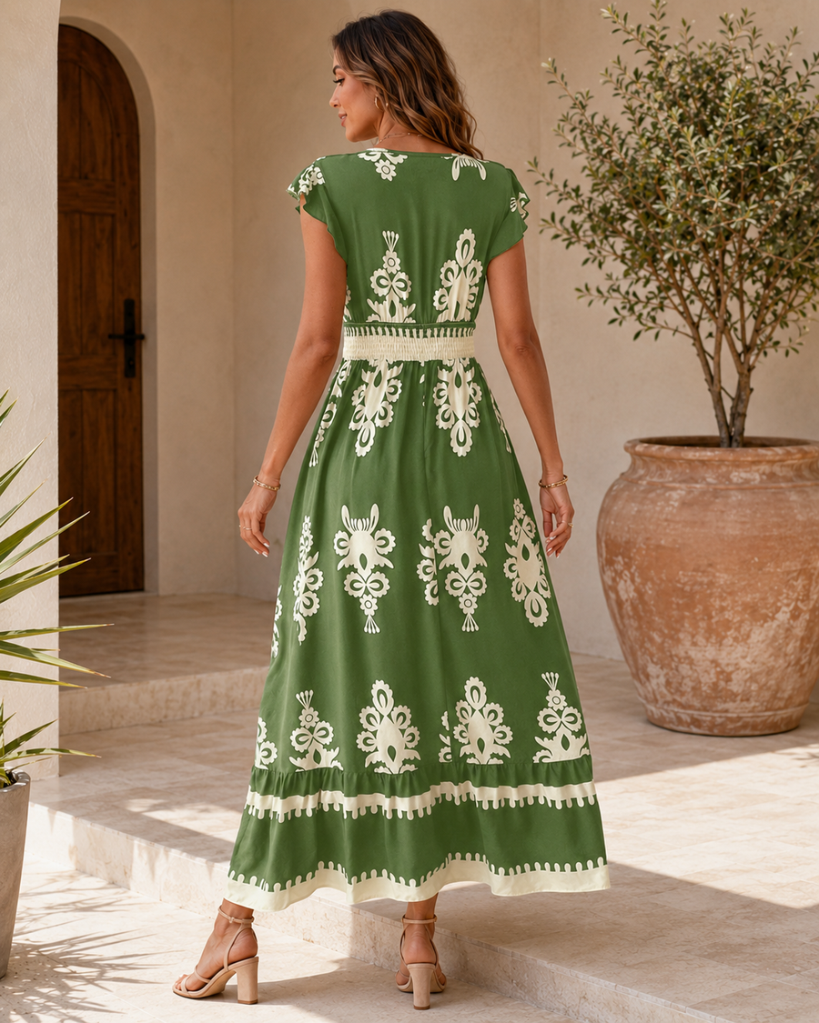 Robe longue Alhambra — détail de la taille marquée et ligne épurée