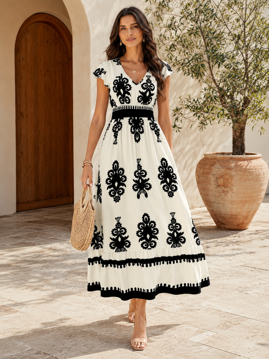 Robe longue Alhambra — détail du décolleté en V flatteur