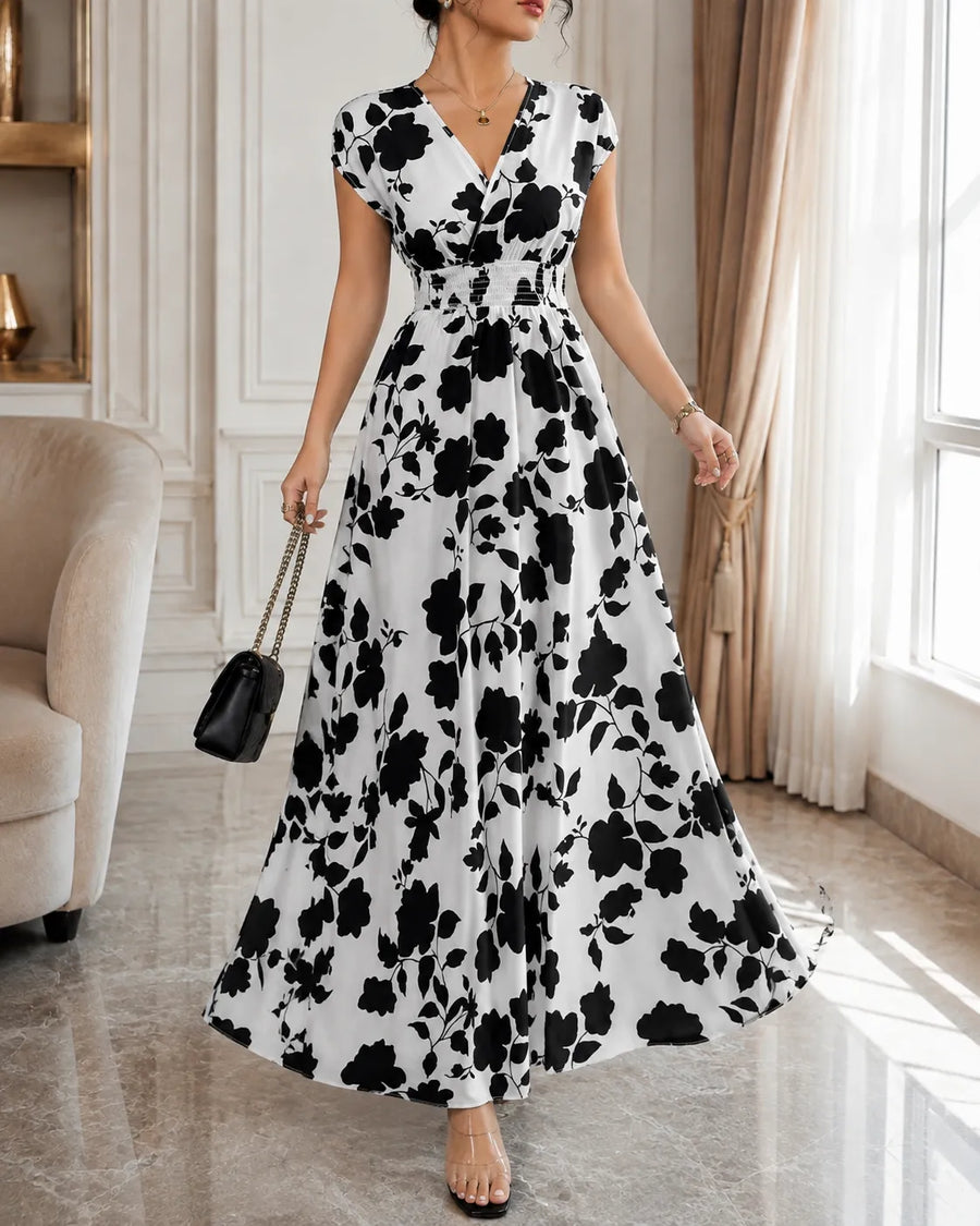 Robe Camille maxi imprimée floral — vue de face avec taille froncée