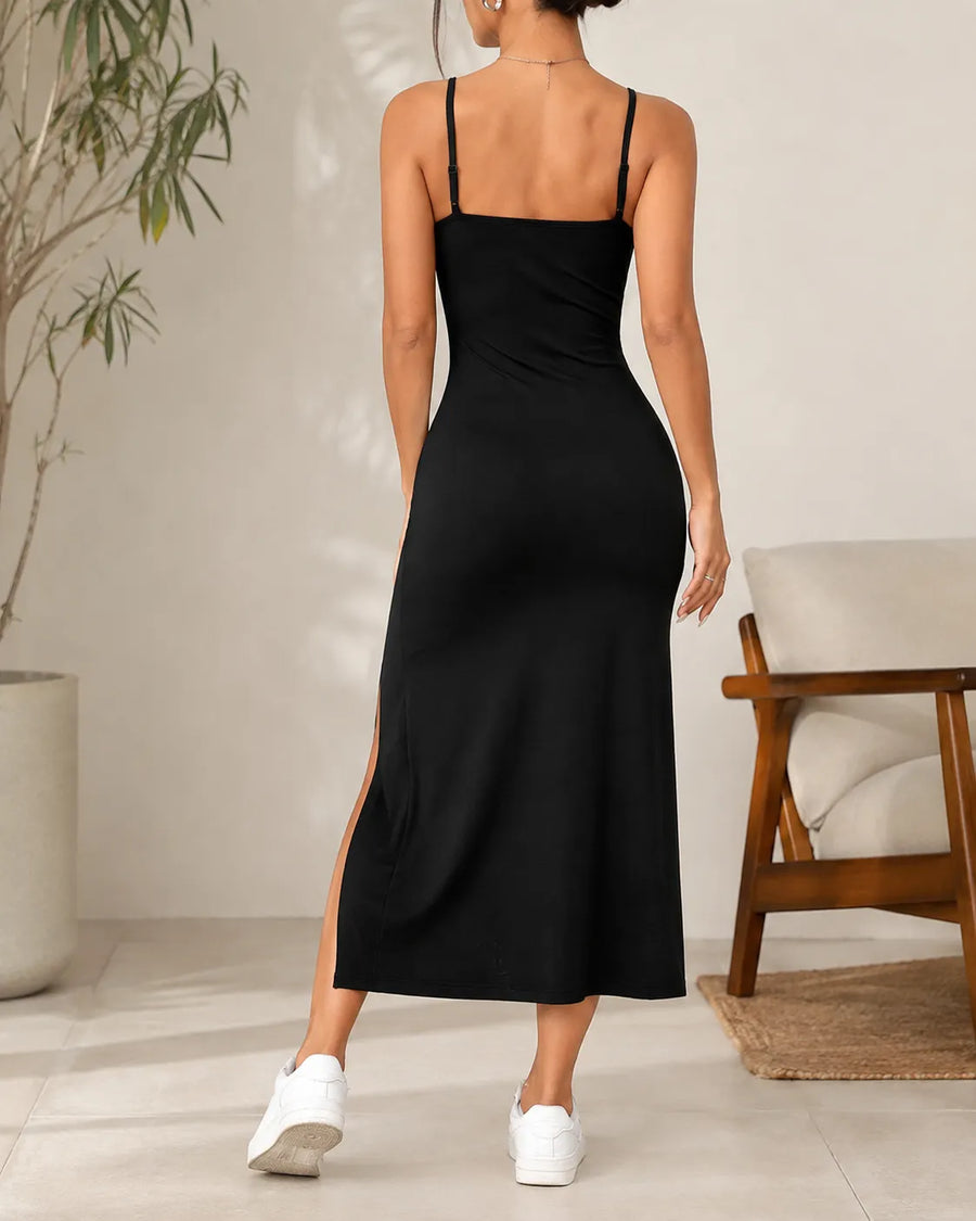 Robe Sienna — vue de profil, ligne midi et fente gracieuse