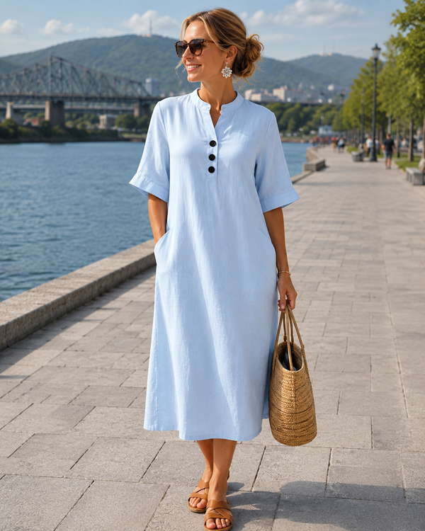 Soreya - Vestido midi fluido para mujer con botones en contraste