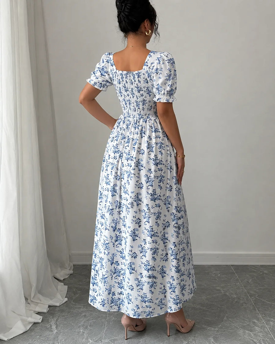Robe Clara — détail du lien froncé à l'encolure