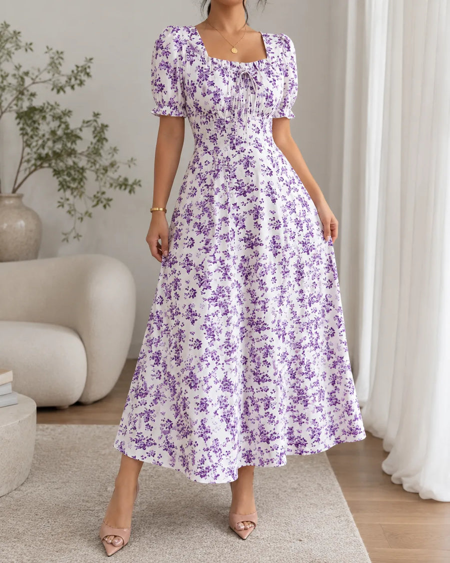 Robe Clara — détail de l'encolure carrée et manches bouffantes