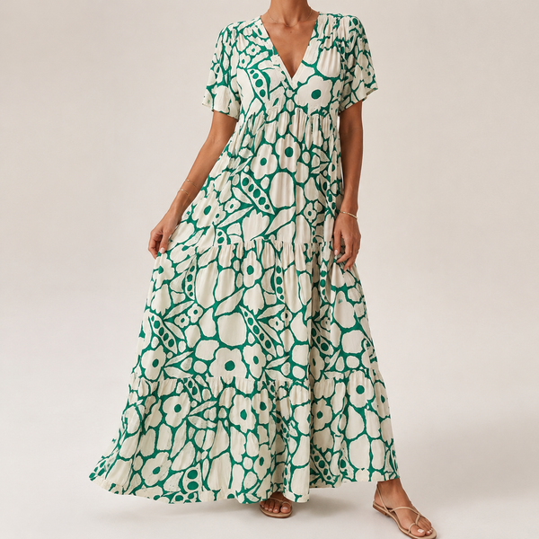 Robe Longue Femme Bohème Chic à Fleurs et Col V