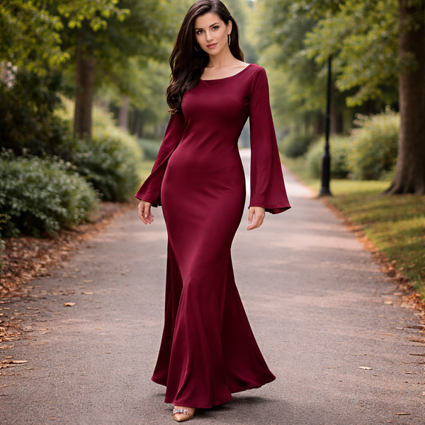 Robe Longue en Soie | Coupe Élégante et Manches Fluides