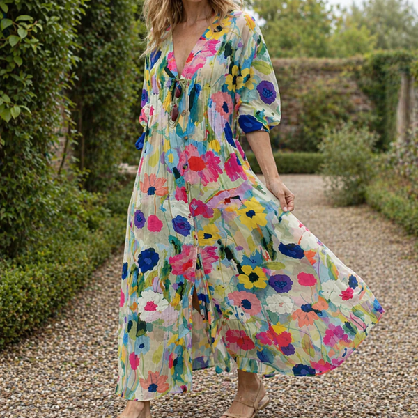 Robe Maxi Bohème Femme - Coupe Ample, Encolure V, Motif Floral