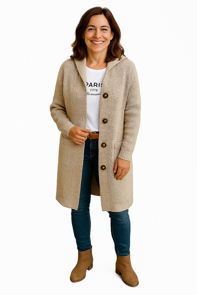 Yasmine – Long Gilet en Maille avec Capuche