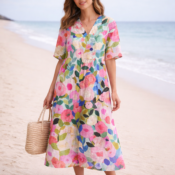 Robe Midi Femme Imprimé Floral - Encolure V - Casual Été
