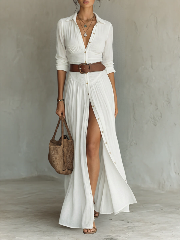 Robe Maxi Élégante Col V et Manches Longues - Femme