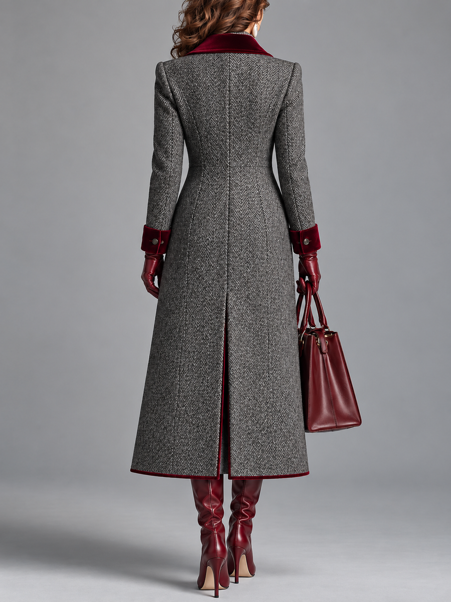 Manteau Long Croisé à Revers Bordeaux