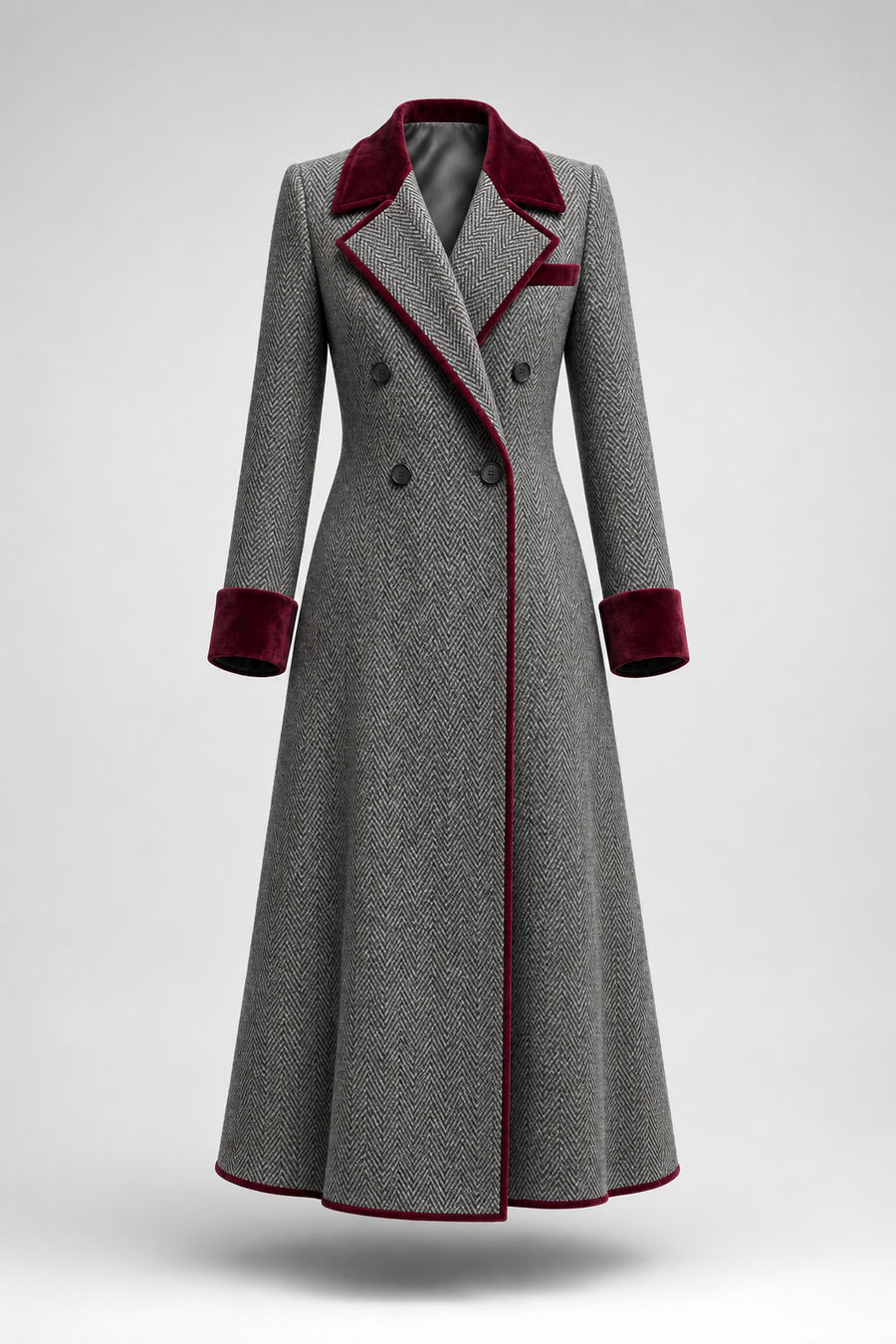 Manteau Long Croisé à Revers Bordeaux
