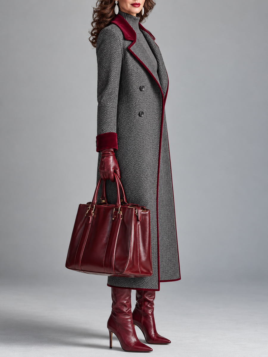 Manteau Long Croisé à Revers Bordeaux