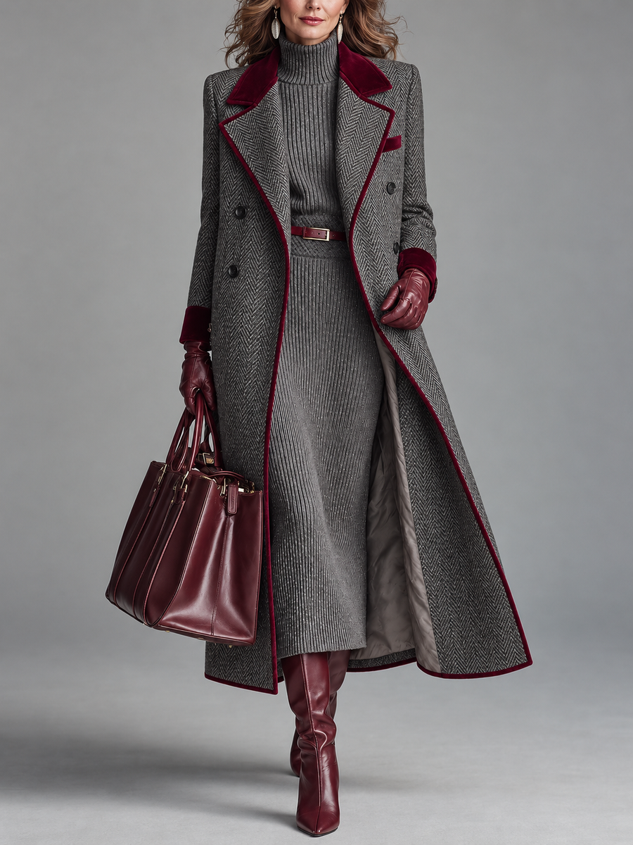 Manteau Long Croisé à Revers Bordeaux