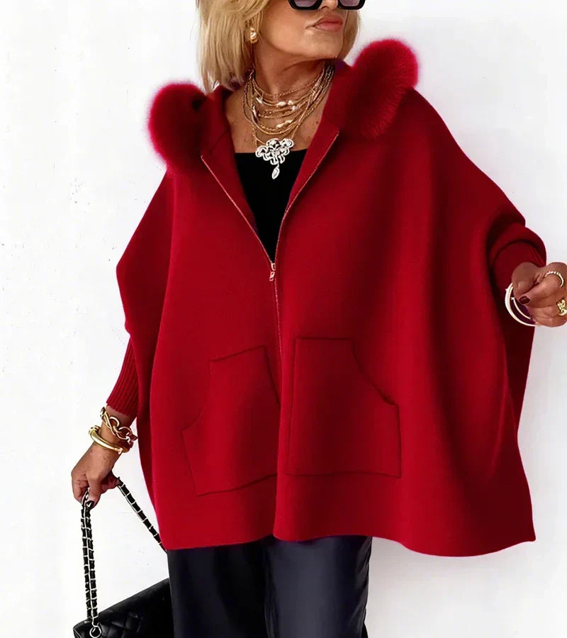 Manteau Oversize à Capuche Bordée de Fourrure