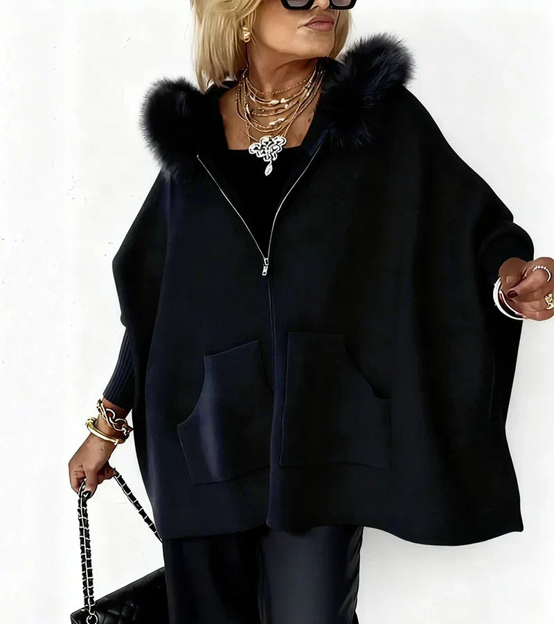 Manteau Oversize à Capuche Bordée de Fourrure