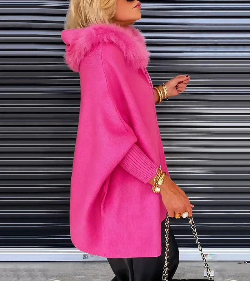 Manteau Oversize à Capuche Bordée de Fourrure