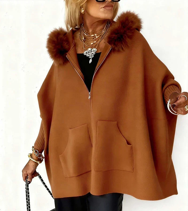 Manteau Oversize à Capuche Bordée de Fourrure