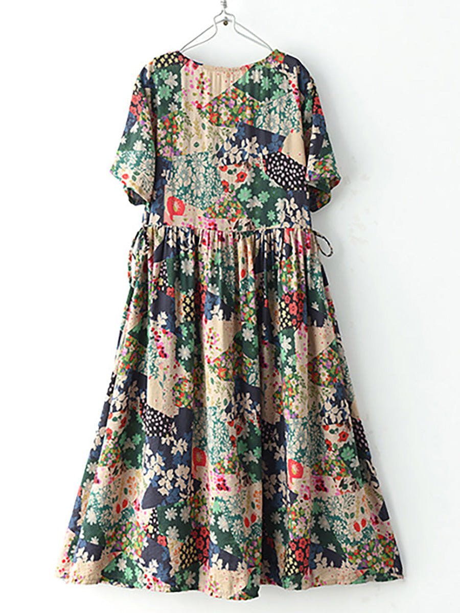 Robe Midi Fleurie Patchwork — détail des motifs floraux patchwork et de la longueur midi