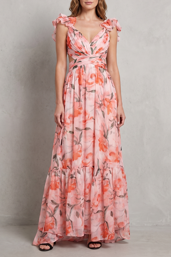 Florentia – Robe maxi fluide à imprimé floral et volants romantiques