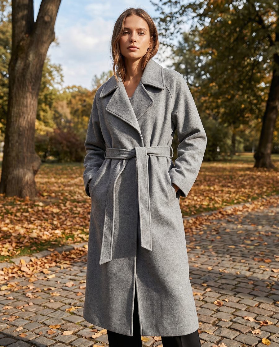 Manteau Long Ceinturé à Revers