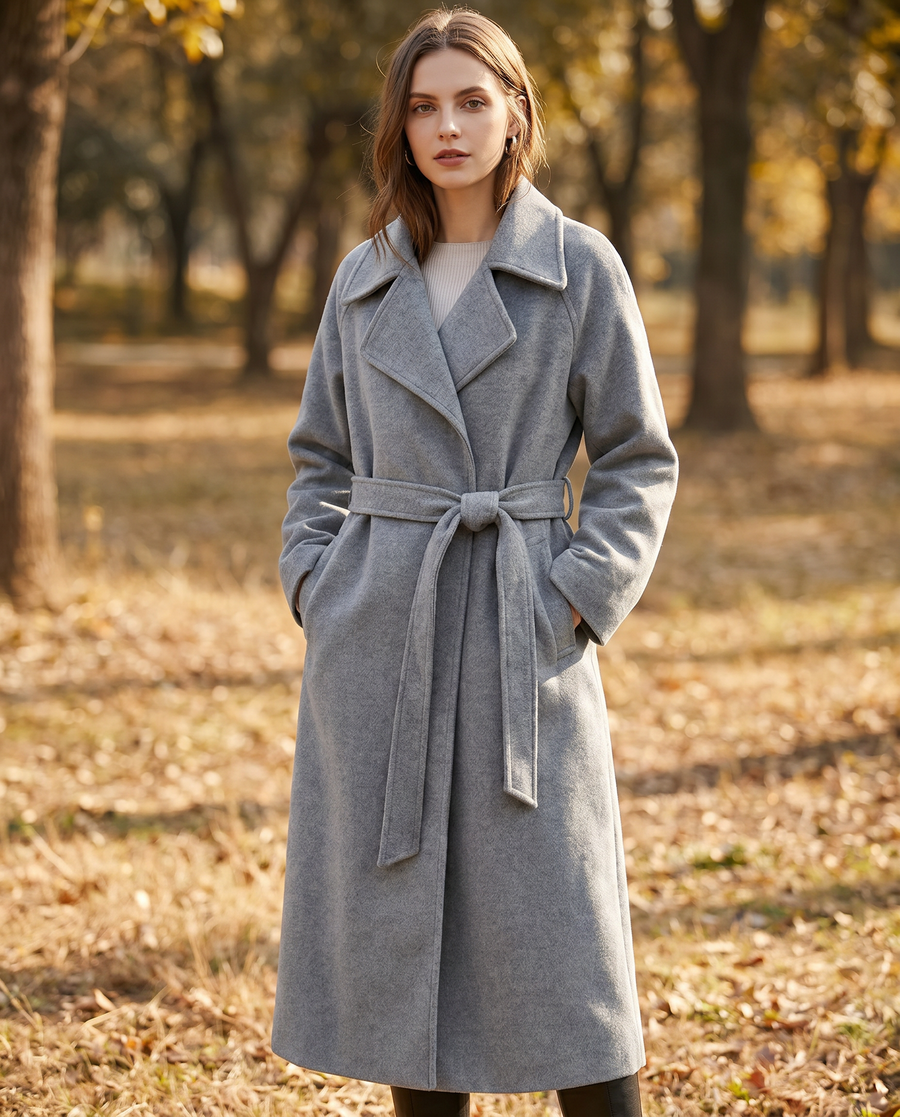 Manteau Long Ceinturé à Revers