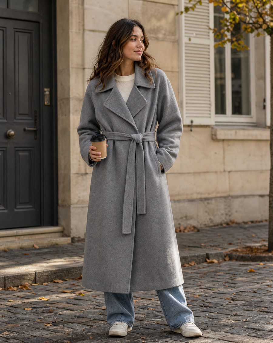 Manteau Long Ceinturé à Revers