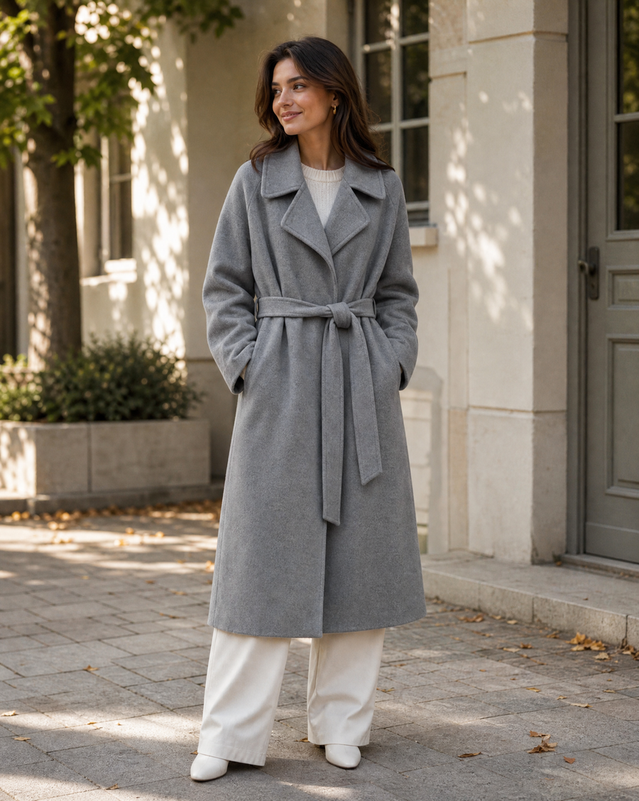 Manteau Long Ceinturé à Revers