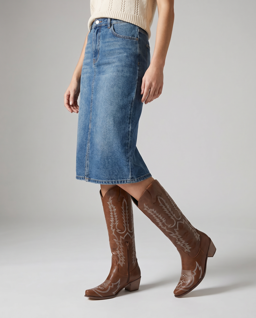 Bottes Hautes à Broderies Contrastées