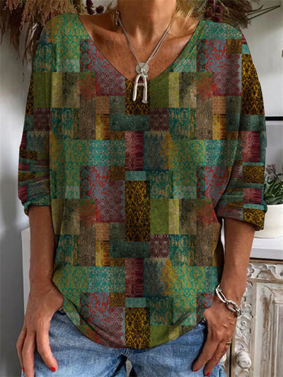 T-shirt à manches longues avec col en V et motifs géométriques