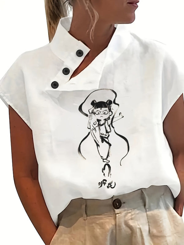 Chemise imprimée à manches courtes - manches chauve-souris et tissu léger