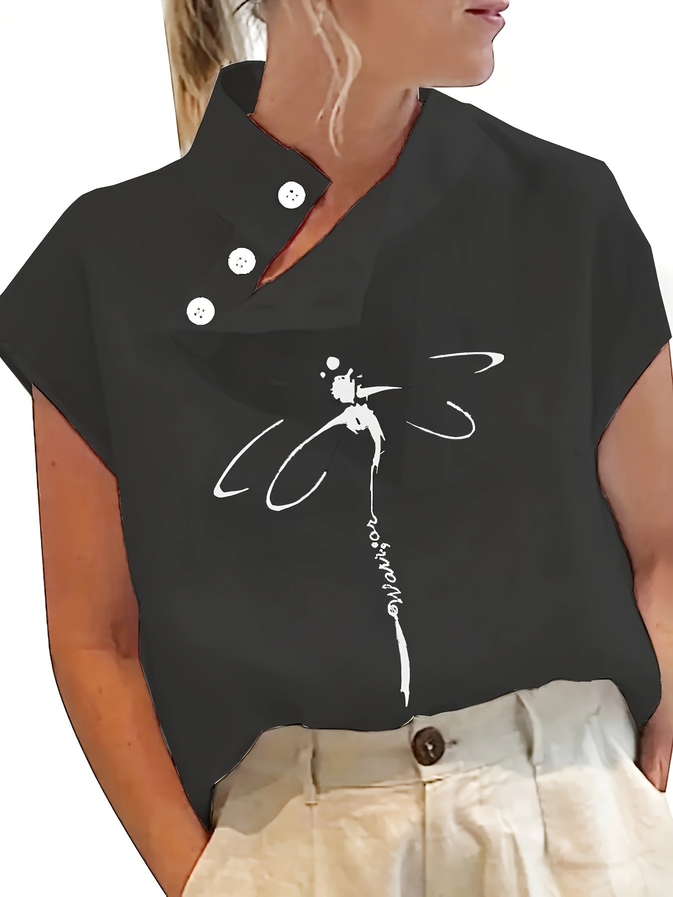 Chemise imprimée à manches courtes - manches chauve-souris et tissu léger