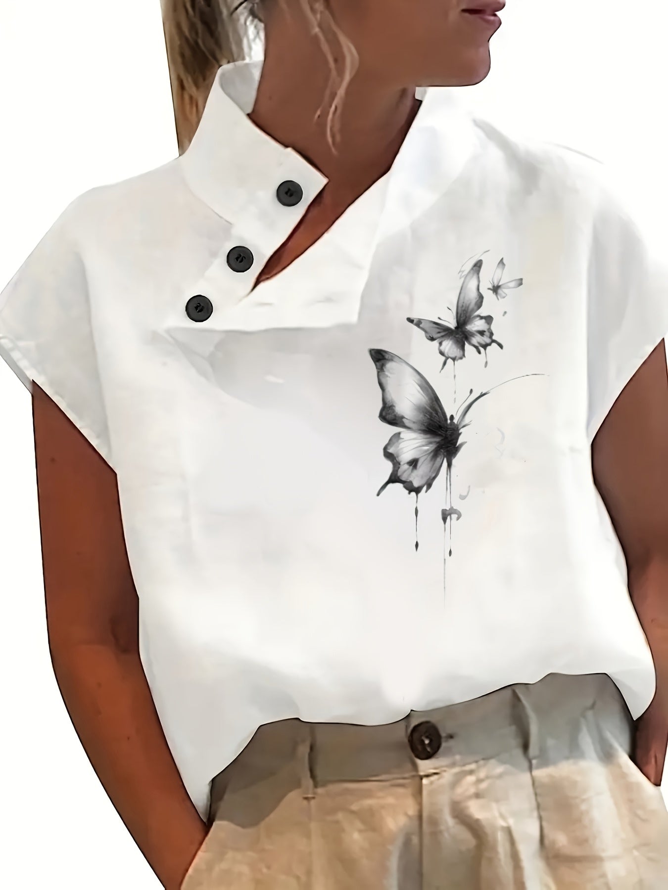 Chemise imprimée à manches courtes - manches chauve-souris et tissu léger