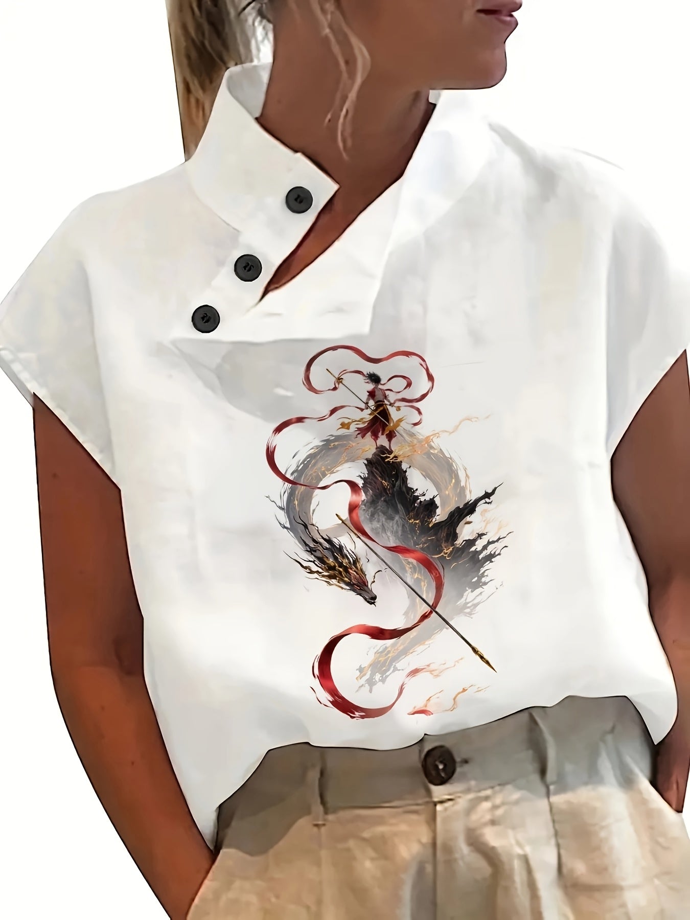 Chemise imprimée à manches courtes - manches chauve-souris et tissu léger