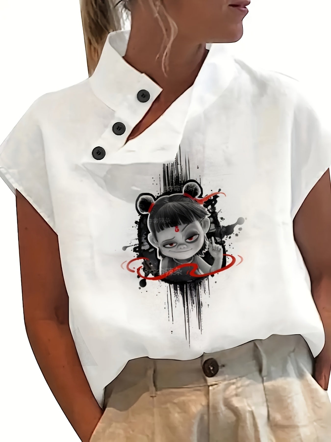 Chemise imprimée à manches courtes - manches chauve-souris et tissu léger