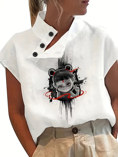 Chemise imprimée à manches courtes - manches chauve-souris et tissu léger