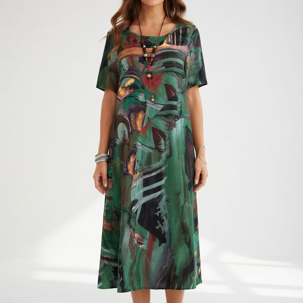 Robe longue fluide imprimé artistique — Élégance bohème estivale