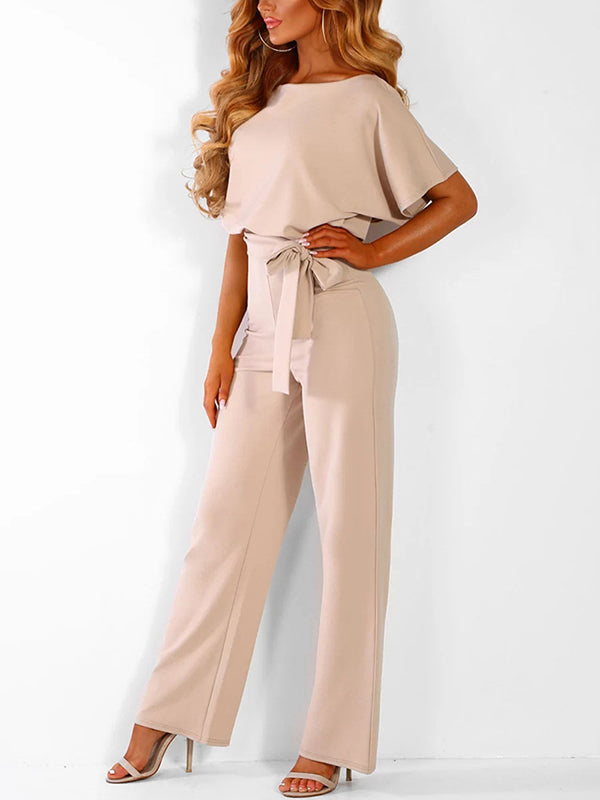 Combinaison Femme Élégante à Ceinture Volantée - Manches Courtes - Taille Haute