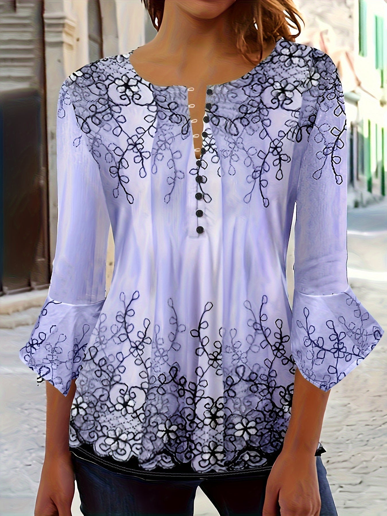 Chemisier imprimé floral à boutons - Manches demi-flous et coupe décontractée