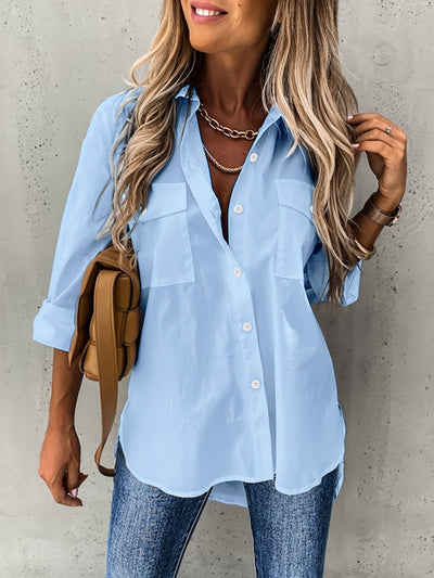 Chemise à manches longues avec boutons - tissu semi-transparent et col à revers