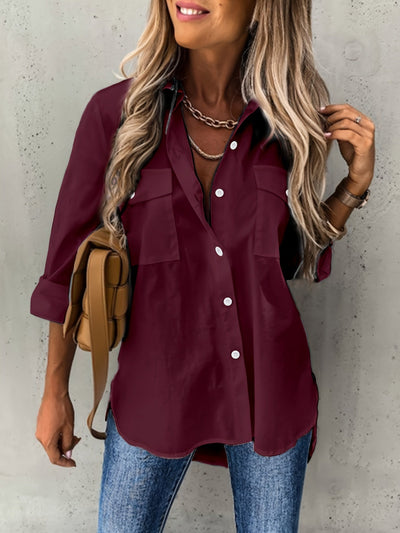 Chemise à manches longues avec boutons - tissu semi-transparent et col à revers