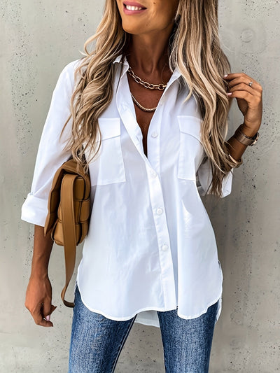 Chemise à manches longues avec boutons - tissu semi-transparent et col à revers