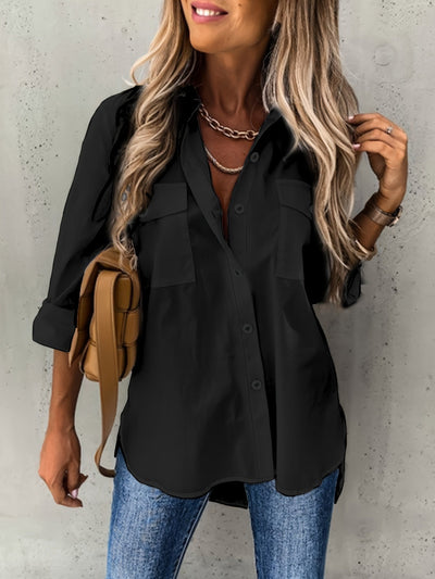 Chemise à manches longues avec boutons - tissu semi-transparent et col à revers