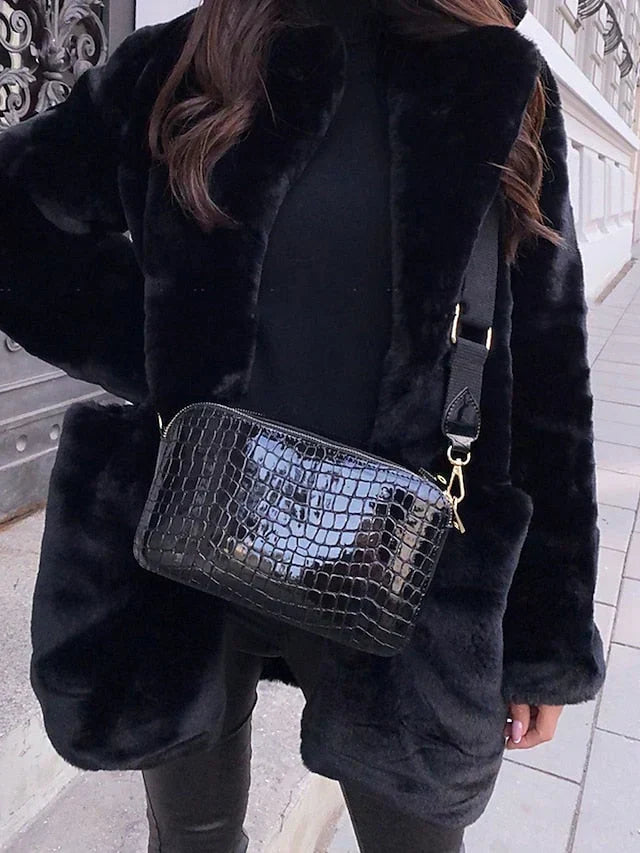 Manteau Effet Fourrure Long à Col Revers