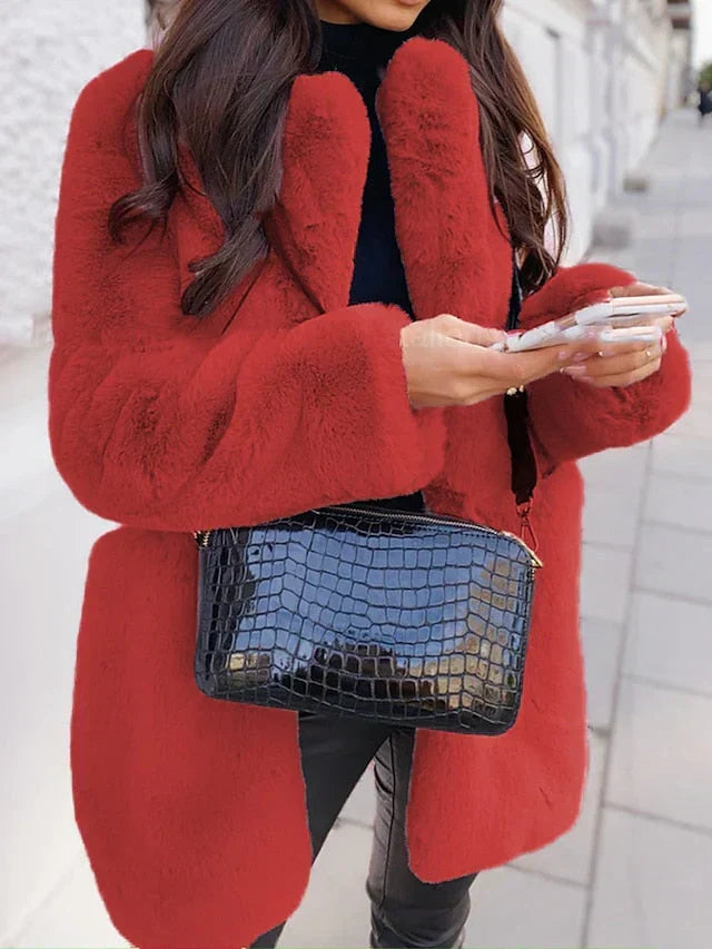 Manteau Effet Fourrure Long à Col Revers
