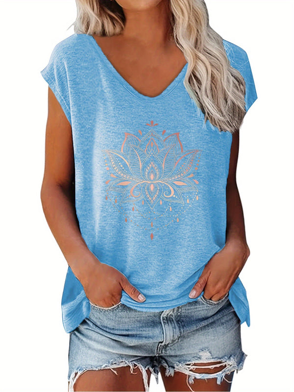 T-shirt imprimé Lotus - col en V et manches courtes décontractées