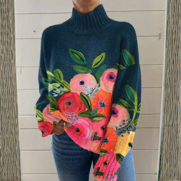 Pull Col Montant à Broderies Florales