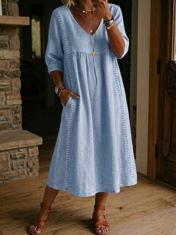 Vestido Midi de Mulher Fluido Decote em V Casual
